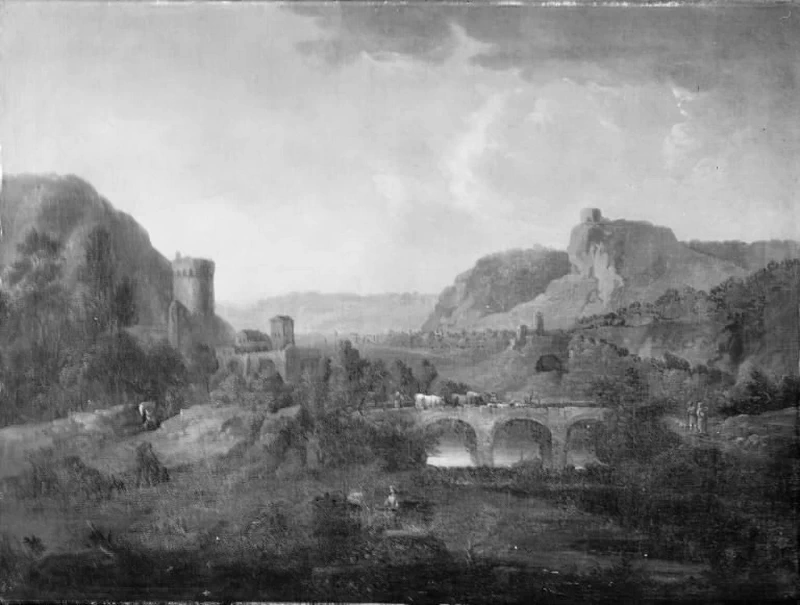 Paesaggio di montagna con un fiume e un ponte - Statens Museum for Kunst